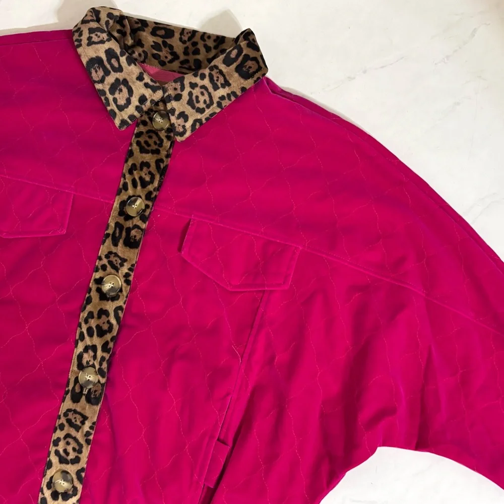 Umgee Size Small Velvet‎ Quilted Pink Button Jacket Leopard Trim Dolman Sleeves